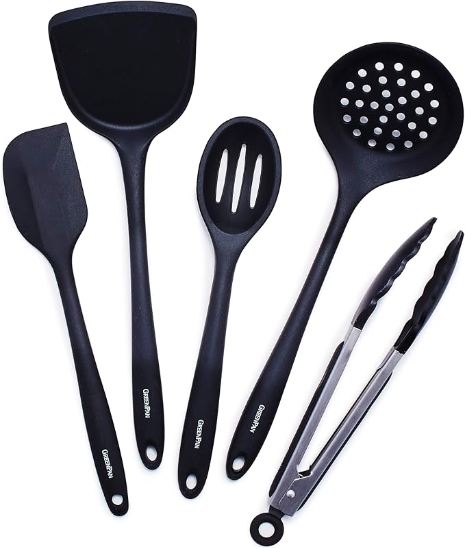 GreenPan Paris Pro Hard Anodized Healthy Ceramic Nonstick 11 Piece Cookware Pots and Pans Set with Stainless Steel Lids PFAS-Free Dishwasher Safe Grey &amp Cooking Tools 5 Piece Utensil Set Blac