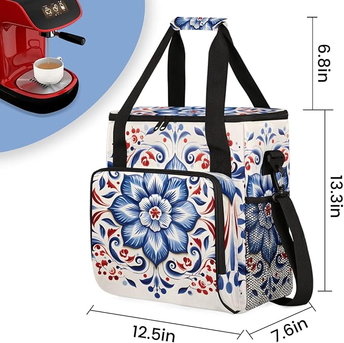 Floral Art Coffee Maker Travel Bag for Keurig K-Mini/K-Mini Plus Insulated Waterproof Tote with Pockets for K-Cup Portable Single-Serve Brewer Case