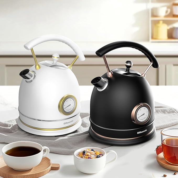 Rasonic Retro Electric Kettle Stainless Steel 1.8L Tea Water Boiler 1500W Fast Quiet Boil Temperature Gauge Auto Shut-Off Boil-Dry Protection White Champagne Gold