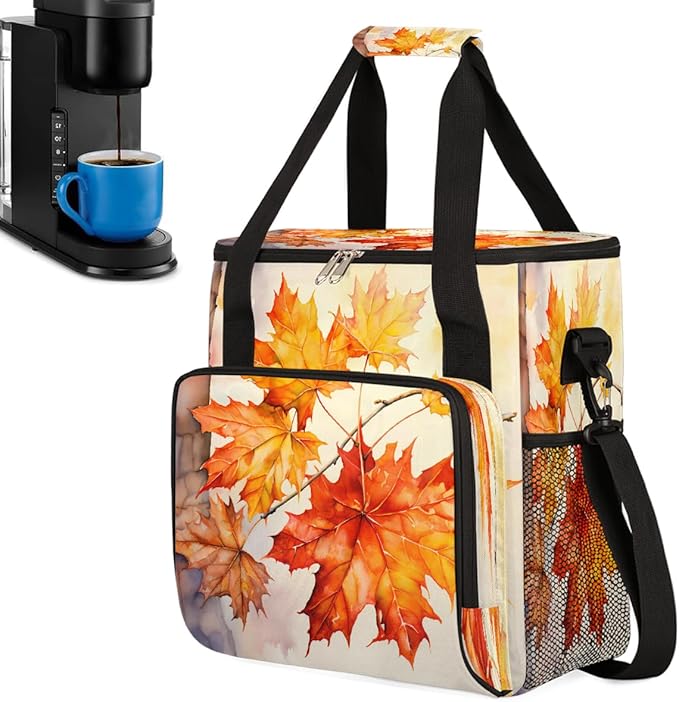 Autumn Maple Leaf Watercolor Coffee Maker Carring Bag Travel Carrying Storage Tote Bag Compatible with Keurig K-Mini or K-Mini Plus Portable Single Serve Coffee Brewer Case with Pockets