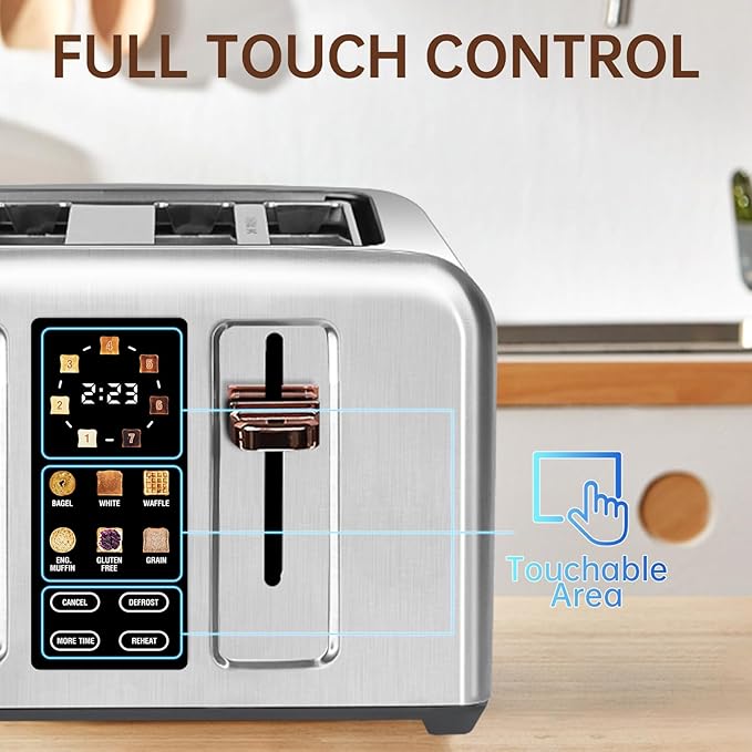 SEEDEEM Toaster 4 Slice Full Touch control Toaster LCD Display 6 Bread Type 7 Shade Settings 1.4''Wide SlotsMore Time Function Removable Crumb Tray 1800W Silver Metallic
