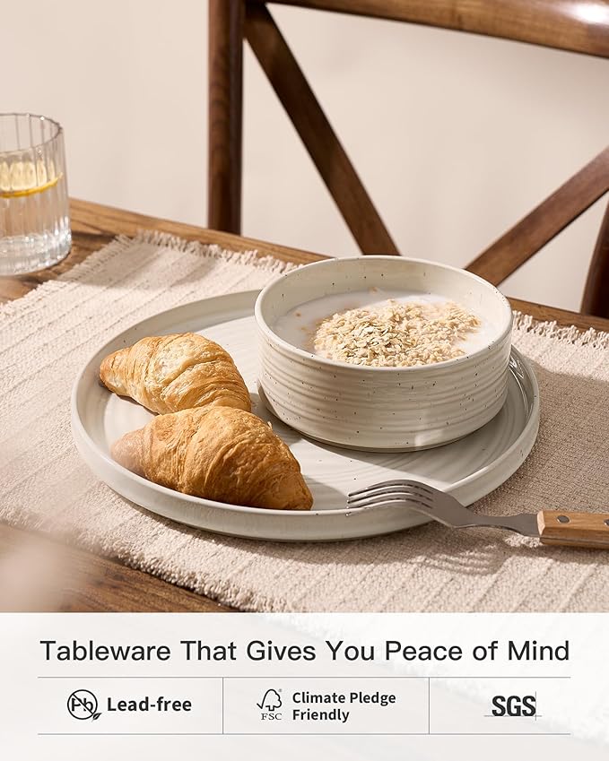 Stoneware Dinnerware Sets Plate and Bowl Sets for 4 12 Pieces Spiral Straight Dishware with Speckles and Reactive Glaze Microwave Dishwasher Safe Family Tableware Shell Beige