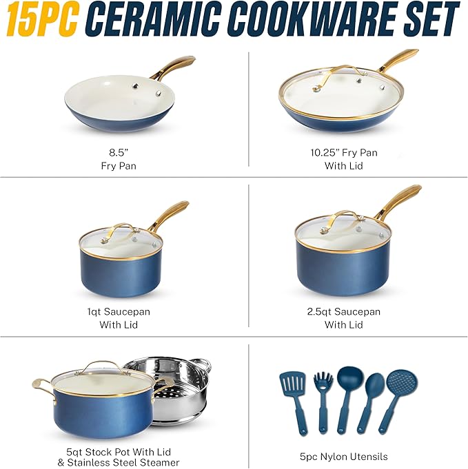 Gotham Steel 15 Pc Ceramic Pots and Pans Set Non Stick Kitchen Cookware Sets Pot and Pan Set Ceramic Cookware Set Non Toxic Cookware Set Non Stick Pots and Pan Set Dishwasher Safe - Navy