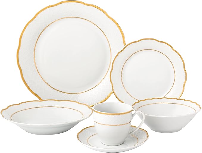 Stylish and Elegant 24 Pieces Porcelain Dinnerware Set Service for 4 People - Gold Wavy Gloria