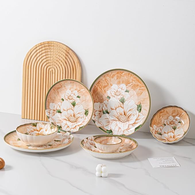 Plates and Bowls Sets for 4 16-Piece Dinnerware Set Ceramic Dish Sets for 4 with Camellia Floral Pattern Microwave &amp Dishwasher Safe for Everyday Use &amp Gift Giving