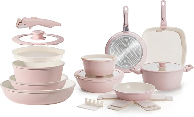 31pcs Ceramic Pots and Pans Set Nonstick Detachable Handle Cookware Induction Kitchen Cooking Set with Removable Handleinclude Frying Pans &amp Saucepans Oven Safe(Pink)