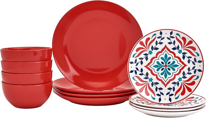 Tabletops Gallery 12-Piece Camila Patterned Ceramic Dinnerware Set of Kitchen Dishes Dinner Plates Cereal Bowls Service for 4 Red