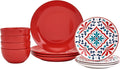 Tabletops Gallery 12-Piece Camila Patterned Ceramic Dinnerware Set of Kitchen Dishes Dinner Plates Cereal Bowls Service for 4 Red