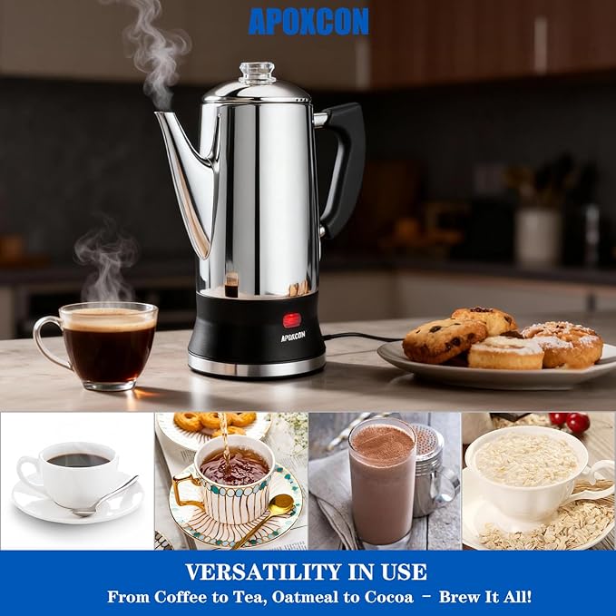 Electric Coffee Percolator Stainless Steel Coffee Maker with Tough Glass Knob Classic Coffee Pot with On/OFF Switch Keep Warm &amp Cordless Serve No Aluminum (12 Cup)