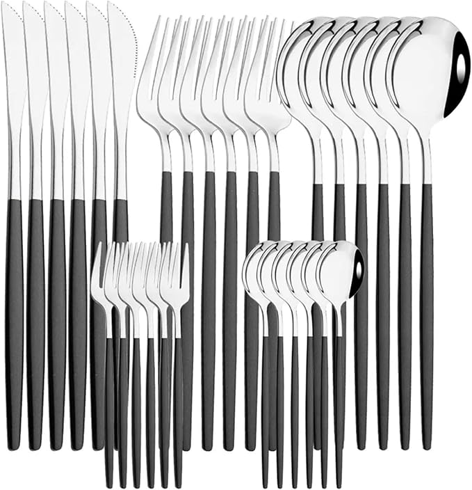 pureza 30Pcs Stainless Steel Black Gold Dinnerware Set - Cutlery Set For Kitchen &amp Dining Table(Black Silver)