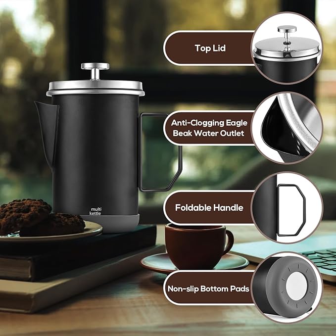 French Press Coffee Maker 33oz Stainless Steel French Press Coffee Tea Maker Insulated Large Capacity Tea Presses with Foldable Handle for Home Kitchen Caming Loose Tea (Black)