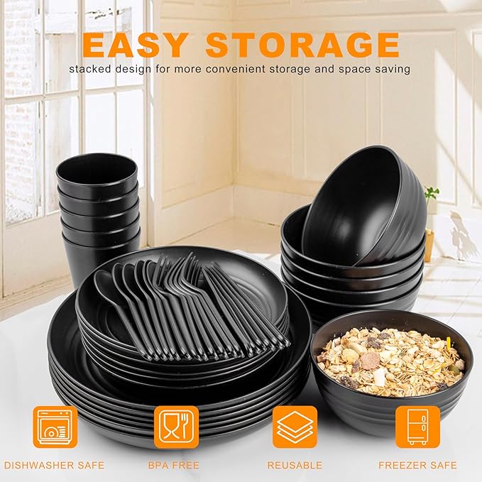 EI 42pcs Wheat Straw Dinnerware SetUnbreakable Reuasble PlatePlastic Plates and Bowls SetsLightweight Dinnerware for CampingPicnincParty-Black BowlsPlatesCupsCutlery