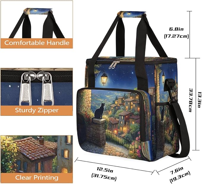 Light Night Scene Cat Flower Tree Coffee Maker Carring Bag Travel Carrying Storage Tote Bag Compatible with Keurig K-Mini or K-Mini Plus Portable Single Serve Coffee Brewer Case with Pockets