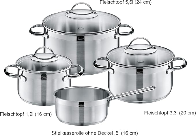 WMF Pot Set 4-Piece Achat Pouring Rim Glass Lid Stainless Steel Polished Suitable for Induction Hobs Dishwasher-Safe