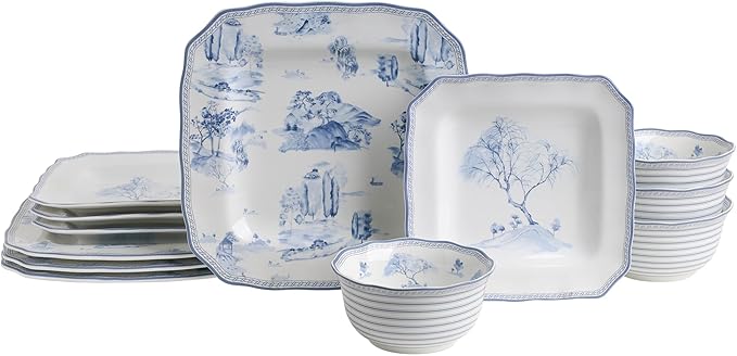 222 Fifth 12-Piece Porcelain Dinnerware Set for 4 Glossy White Plates and Bowls Set with Blue Decal Elegant Square Ceramic Dish Set Kitchen Tableware Microwave &amp Dishwasher Safe Scenic Toile