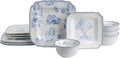 222 Fifth 12-Piece Porcelain Dinnerware Set for 4 Glossy White Plates and Bowls Set with Blue Decal Elegant Square Ceramic Dish Set Kitchen Tableware Microwave &amp Dishwasher Safe Scenic Toile