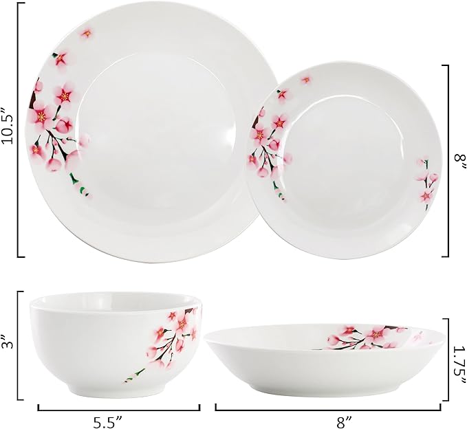 Elama Tamara 24 Piece Cherry Blossom Porcelain Dinnerware Set Service for 6 in White and Pink