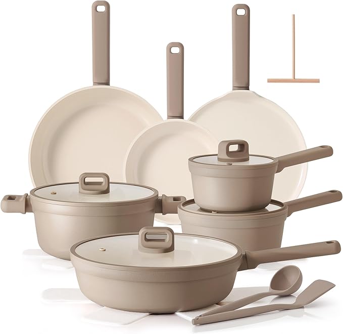 SENSARTE 20Pcs Pots and Pans Set Nonstick Ceramic Cookware Set Non Stick Non-toxic Healthy Kitchen Cooking Set Induction Compatible Dishwasher Safe PFAS/PTFE/PFOA Free TAUPE