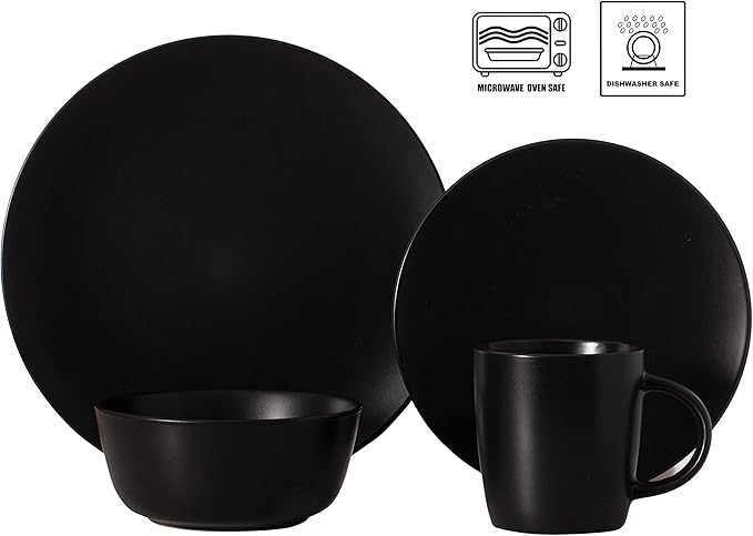 Rimmed Dinnerware Set | Mugs Salad and Dinner Plates and Bowls Sets Dishes with Highly Chip and Crack Resistant Dishwasher and Microwave Safe (Black Service For 8)