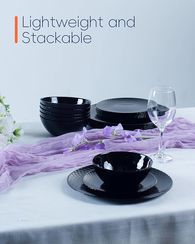 Dinnerware Sets for 4 Light &amp Durable 12 Pieces Opal Glass Plates and Bowls Set Dishwasher and Microwave Safe Dish Dinning Ware Thin but Strong Geometric Faceted Black