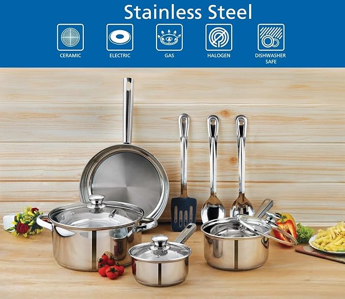 10-Piece Stainless Steel Pots and Pans Set Triple-Clad Bottom Induction Ready Non Stick Cookware Set with Kitchen Utensils