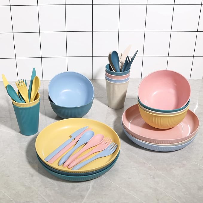 Wheat Straw Dinnerware Sets -DAPIPIK 36 Piece Unbreakable Dinnerware Sets for 6 Wheat Straw Plates and Bowls Set Lightweight Camping Plates Cups and Bowls Set.Dishwasher Microwave Safe Dinnerware