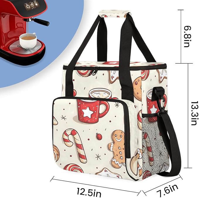 Glitter Gingerbread Man Coffee Maker Carrying Bag Travel Storage Bag Compatible with K-Mini or K-Mini Plus Single Serve Coffee Brewer Carrying Case with Multiple Pockets &amp Shoulder Strap