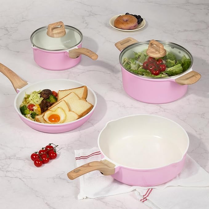 CAROTE Ceramic Cookware Set 14 PCS Pots and Pans Set Non Stick Pot and Pan Set with Frying pan Induction Ready Cooking Set for Kitchen PFOS/PFOA/PFAS Free Pink