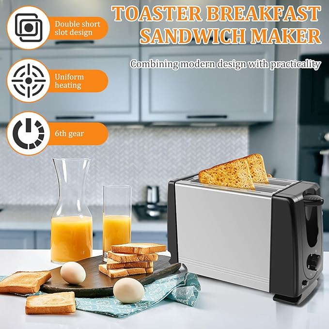 2 Slice Toaster Stainless Steel 2 Slot Toaste with 6 Browning Levels and Pause Button Breakfast Toaster Even Heating for Toast Crumpets Small Breads 9.6x15.4x4.5in