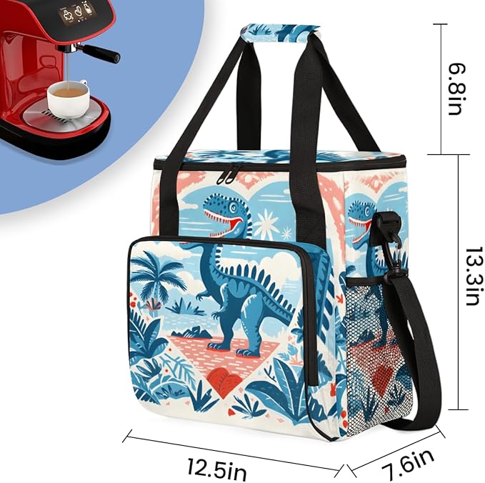 Blue Dinosaur Coffee Maker Carrying Bag Palm Leaves Travel Storage Bag Compatible with K-Mini or K-Mini Plus Single Serve Coffee Brewer Carrying Case with Multiple Pockets &amp Shoulder Strap