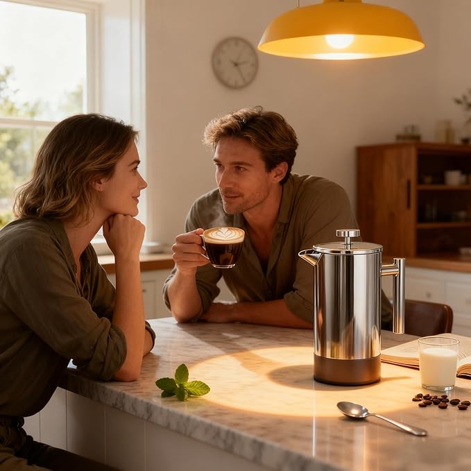 French Press Coffee Maker 34 Oz Dual-wall insulation easy clean durable Stainless Steel French Press Coffee Maker Food grade safe and reliable suitable for home and camping silver.