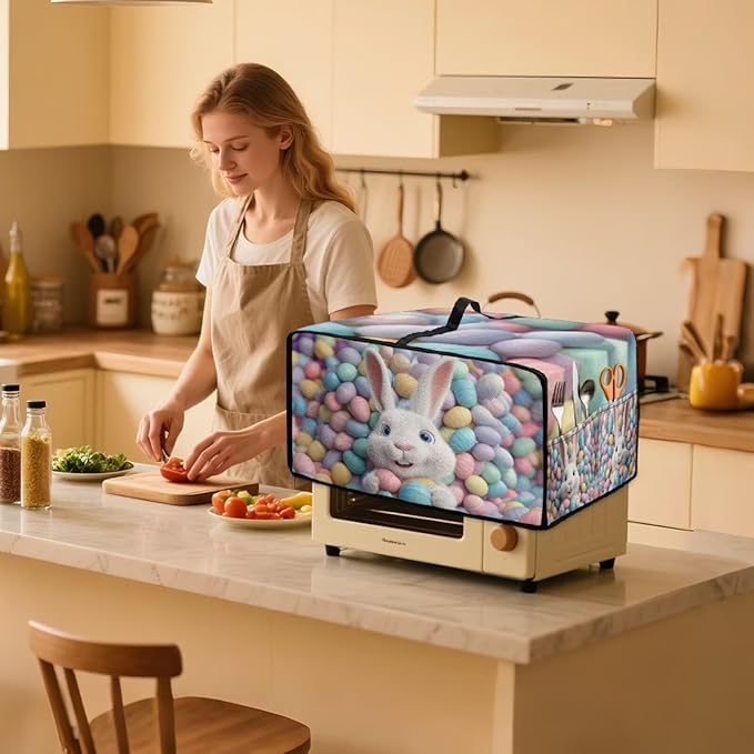 Toaster Oven Dust Cover Bunny Easter Egg Printed Bread Maker Cover Machine Washable Covers with Side Pockets Kitchen Small Appliance Protector Easter Decor M