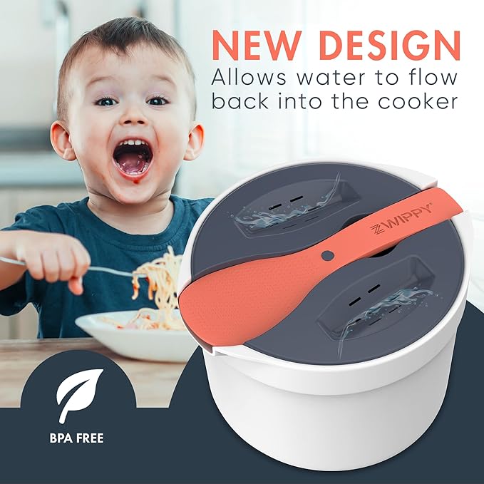 Microwave Rice Cooker Steamer and Pasta Cooker with Strainer - Mess-Free Design Dishwasher Safe Cooks Up to 8 Cups