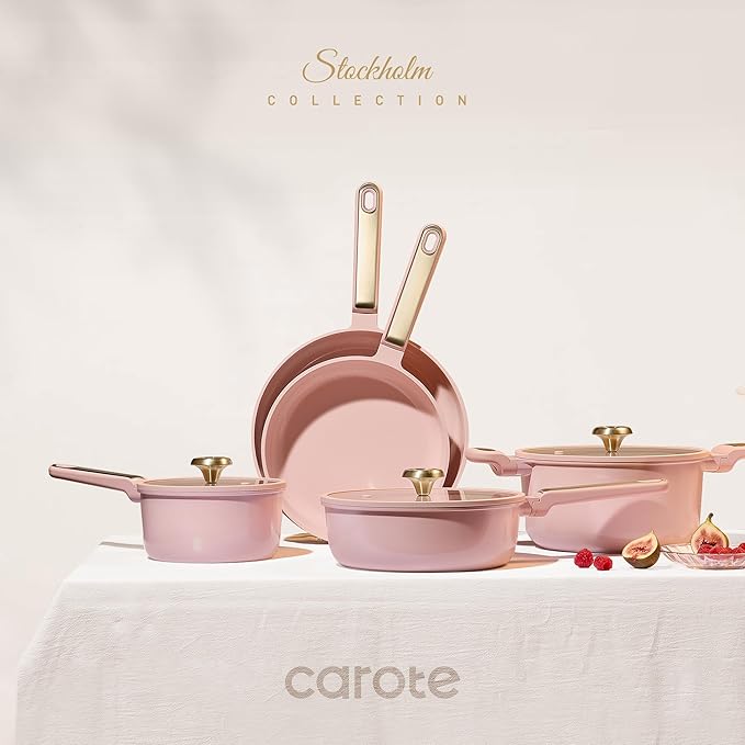 CAROTE Ceramic Cookware Set Nonstick 14pcs Pots and Pans Set Nonstick Non-Toxic &amp PFAS-Free Dishwasher RV/Camping Cookware Set Cooking Pots with Lids Pink Blush