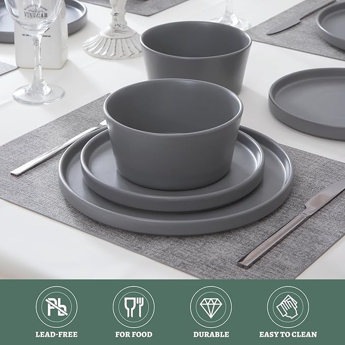 Asrug Gray 12-Piece Plates and Bowls SetsCeramic Dish Sets for 4 Chip Resistant and Scratch Dinnerware Set Dining Dinner Porcelain Dishware Microwave and Dishwasher Safe (Gray)
