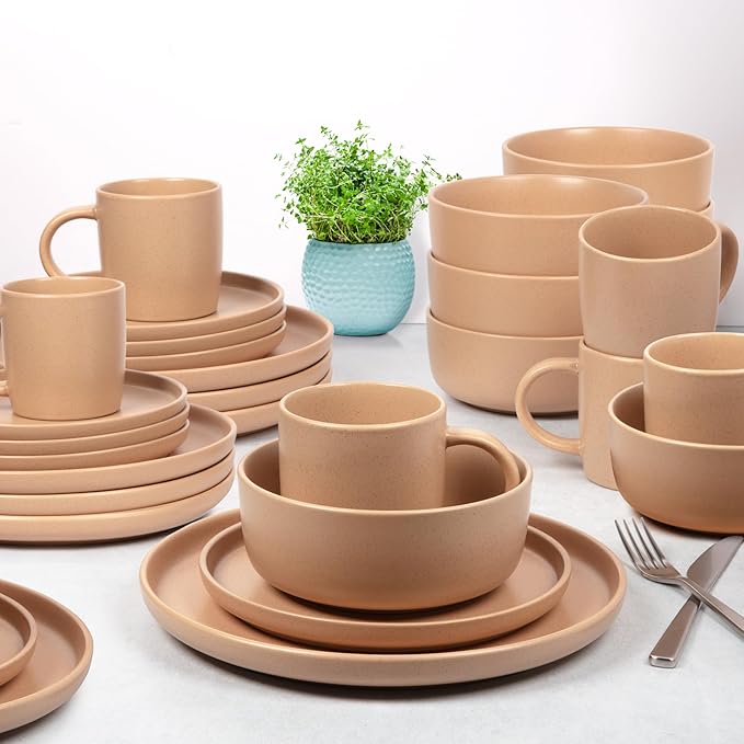 Zulay Kitchen Terra Stoneware 32-Piece Dinnerware Set Artisanal Ceramic Plates and Bowls Set Crafted at 2300℉ - Service for 8 Terracotta Clay