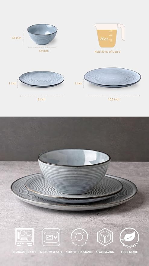 famiware Tempus Plates and Bowls Sets for 8 24 Pieces Stoneware Dinnerware Sets Dishes Set Reactive Glaze Dishware Sets Dishwasher &amp Microwave Safe - Pearl Blue