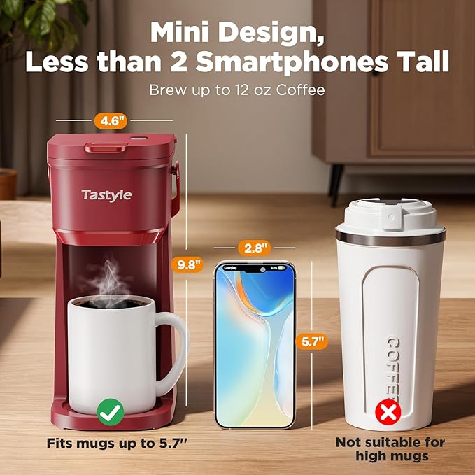 Single Serve One Cup Coffee Maker for K Cups and Grounds Mini Coffee Maker with Portable Handle 6 to 12 Oz Brew Size for Travel Camping Office RV and Dorm 120V Vintage Red