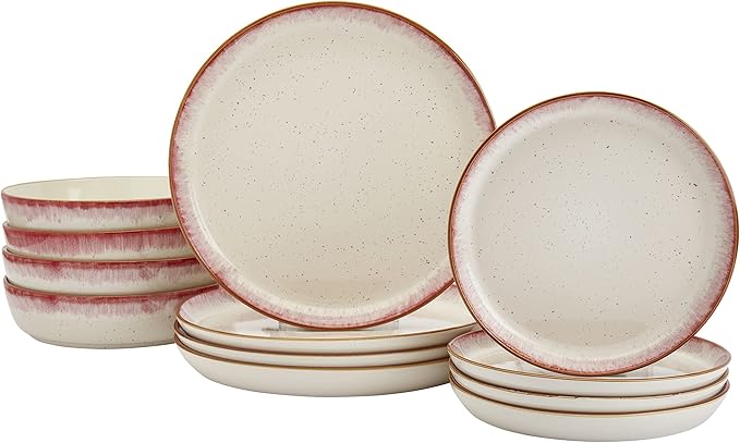Tabletops Gallery Speckled Farmhouse Collection- Stoneware Dishes Service for 4 Dinner Salad Appetizer Dessert Plate Bowls 12 Piece Hanover Dinnerware Set in Berry