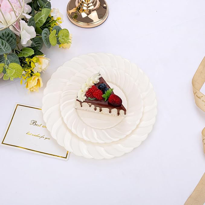 U-QE 100 Piece Ivory Scalloped Plastic Plates for Party - Plastic Plates Disposable Heavy Duty - High End Disposable Plates for Wedding Including 50PCS 9 '' Dinner Plates &amp 50PCS 6.5 '' Dessert Pl