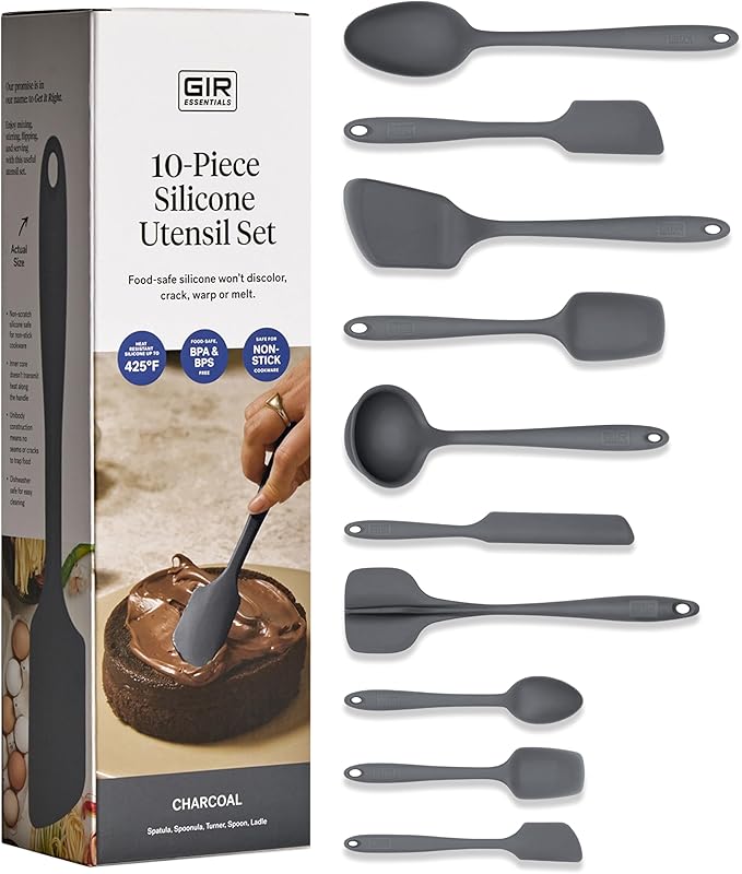 GIR: Get It Right 10 Piece Silicone Essentials Kitchen utensils set - Ladle Spatula Flip Spoon &amp Spoonula - Non toxic cooking utensils for Nonstick Cookware Cooking and Baking - Charcoal