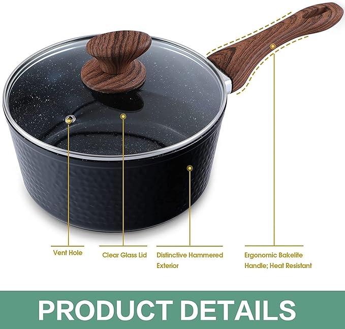 Pots and Pans Set Non Stick 15 Pcs Non-Toxic Hammered Kitchen Cookware Sets Black Granite Cooking Pot and Pan for Induction Stovetop