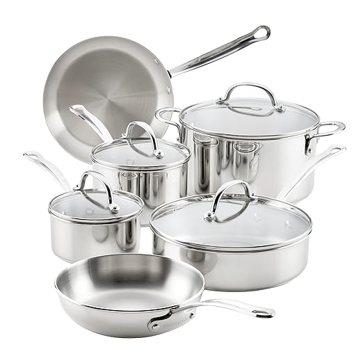 Farberware Millennium Stainless Steel Pots and Pans with Lids Induction Ready Compatible with All Cooktops Metal Utensil Safe 10 Piece Cookware Set Dishwasher Safe - Stainless Steel