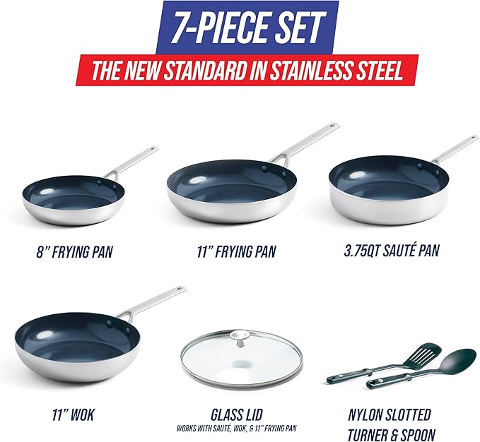 Blue Diamond Cookware Tri-Ply Stainless Steel Ceramic Nonstick 7 Piece Cookware Pots and Pans Set PFAS-Free Multi Clad Induction Dishwasher Safe Oven Safe Silver
