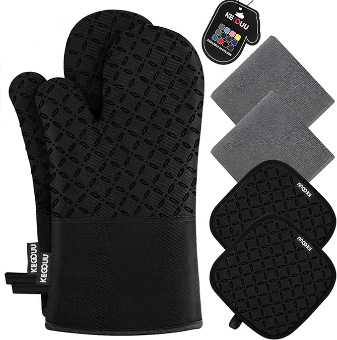 KEGOUU Oven Mitts and Pot Holders 6pcs Set Kitchen Oven Glove High Heat Resistant 500 Degree Extra Long Oven Mitts and Potholder with Non-Slip Silicone Surface for Cooking (Black)