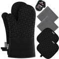 KEGOUU Oven Mitts and Pot Holders 6pcs Set Kitchen Oven Glove High Heat Resistant 500 Degree Extra Long Oven Mitts and Potholder with Non-Slip Silicone Surface for Cooking (Black)