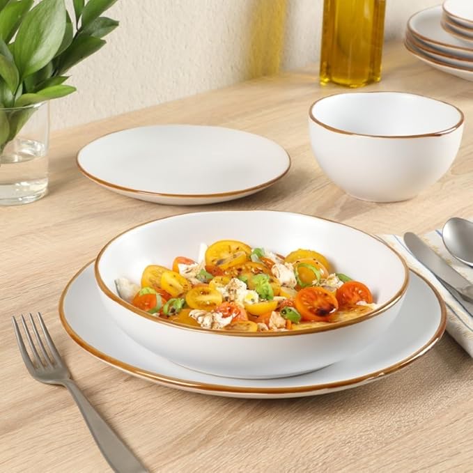 Gibson Home Hazeltine 16-Piece White Stoneware Dinnerware Set – Plates and Bowls Durable Ceramic Kitchen Dinner Set