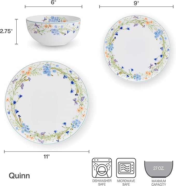 Mikasa Quinn Lightweight Bone China 12 Piece Dinnerware Plate Bowl Set Service for 4
