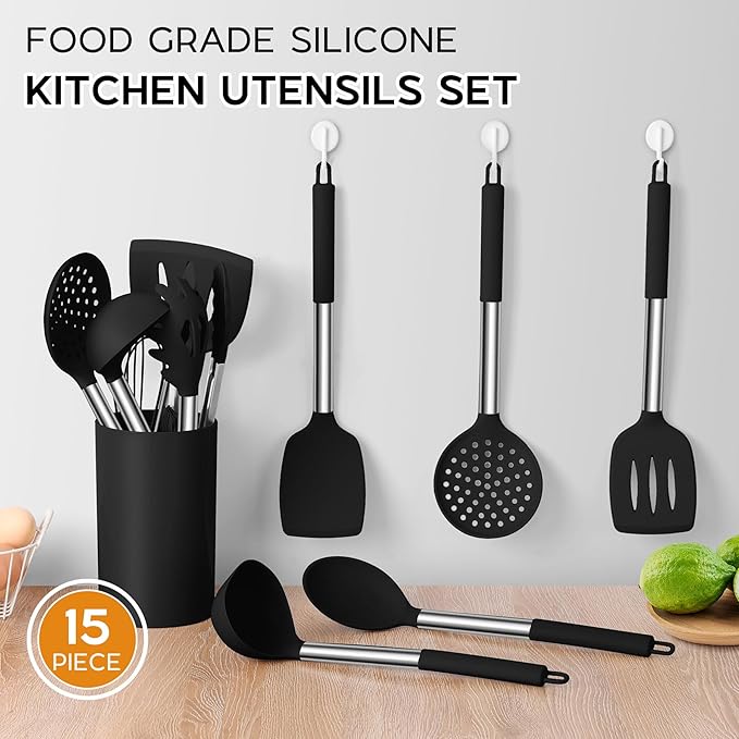 Onader 16 Piece Dinnerware Sets with Serving Bowls for 4 Kitchen Cooking Utensils Set with Holder 15 Pcs Silicone Spatula Set- Black