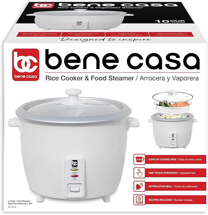Bene Casa Rice Cooker with glass lid10-Cup Dishwasher safe rice cooker with auto cut off steamer rice maker with keep warm facility.